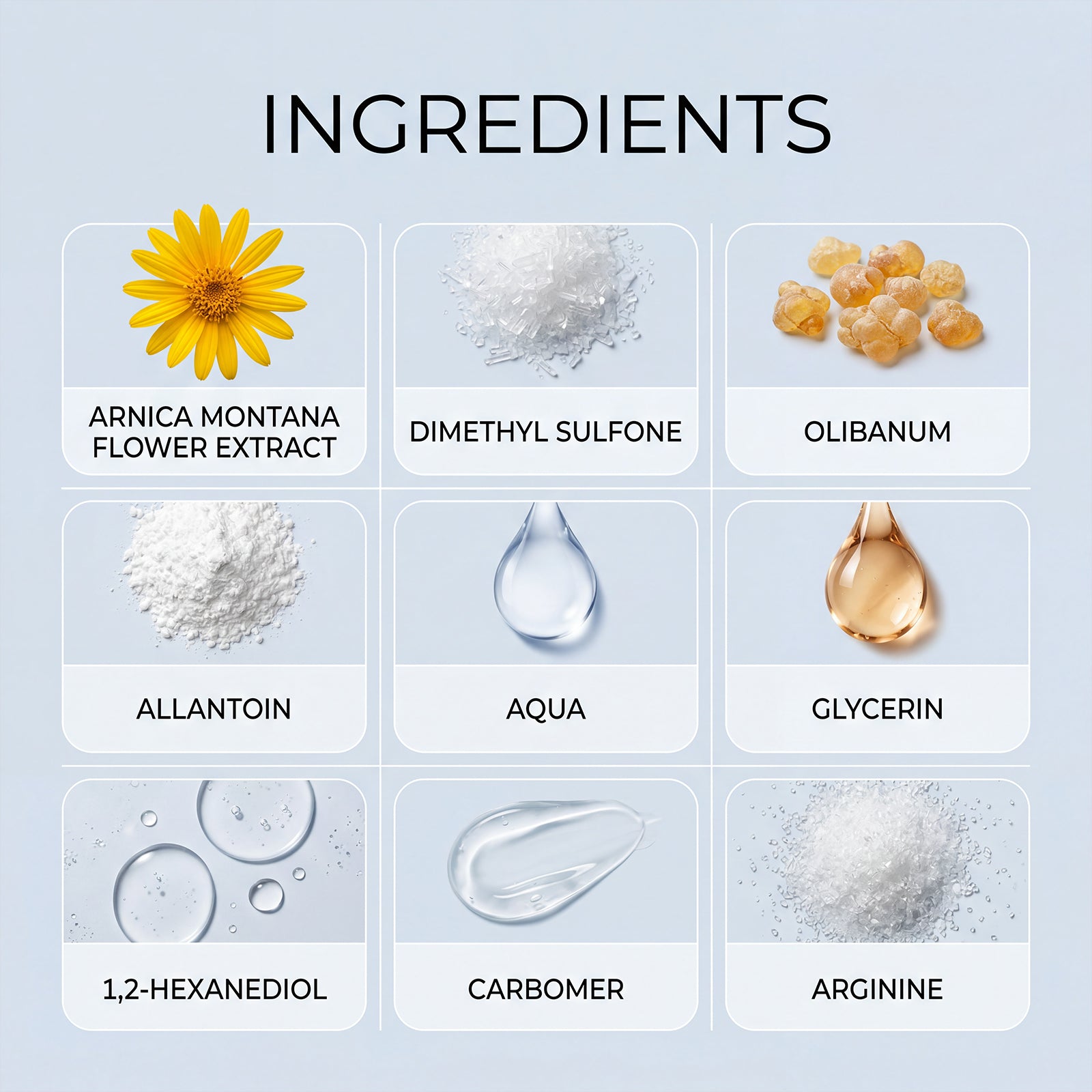 Moveno ingredient board showing arnica montana flower extract, dimethyl sulfone, olibanum, allantoin, aqua, glycerin, 1,2-hexanediol, carbomer, and arginine