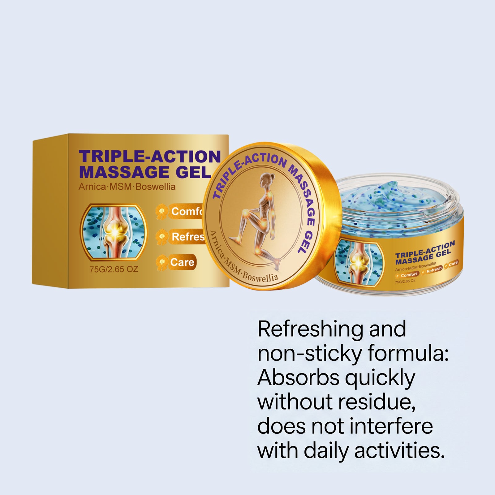 Moveno jar and box with lightweight blue gel and non-sticky product detail text