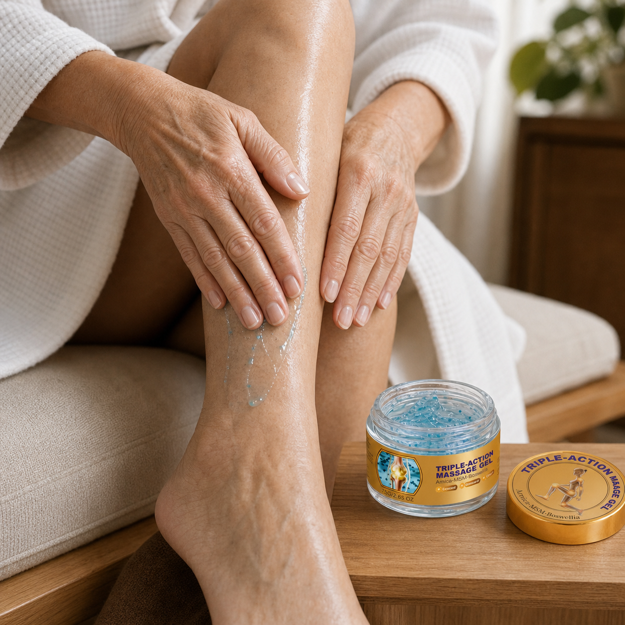 Applying Moveno gel to the lower leg