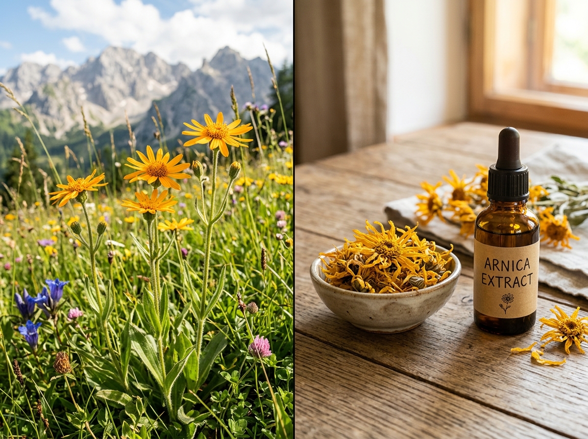 Split view of arnica flowers in a meadow and dried arnica with extract bottle