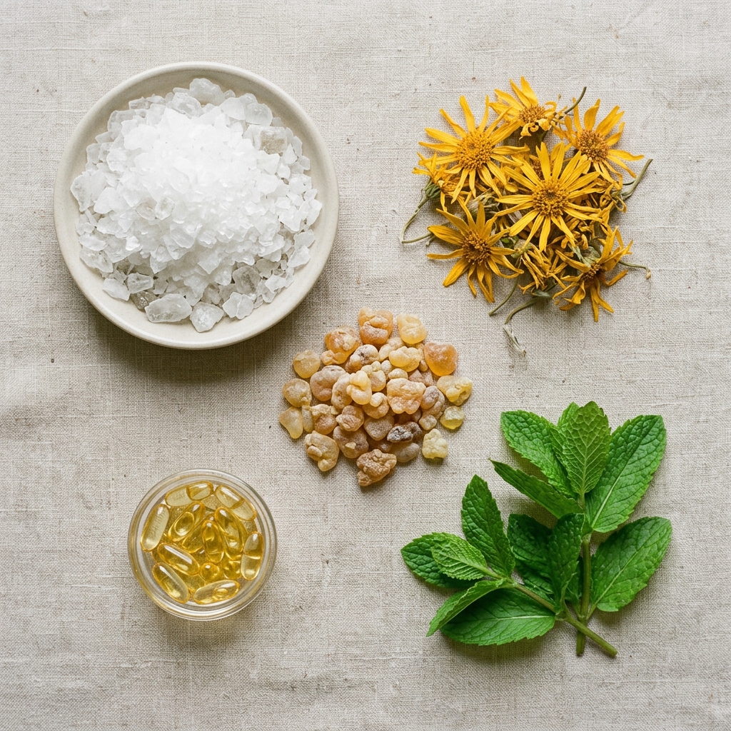 Moveno's natural ingredients: magnesium, arnica, frankincense, vitamin E and mint