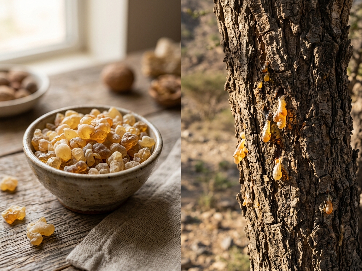 Split view of golden frankincense resin tears and boswellia tree bark