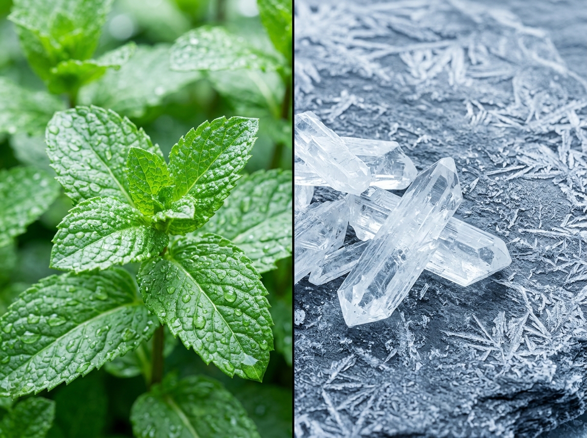Split view of fresh mint leaves and white menthol crystals