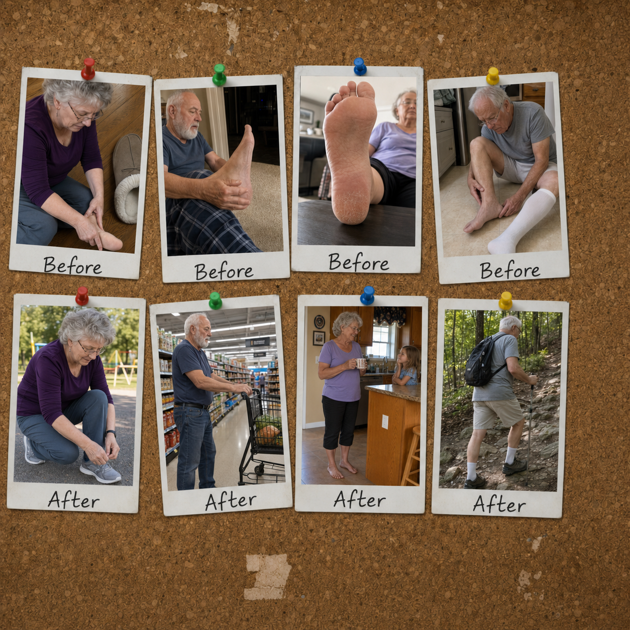 Before and after collage showing everyday foot and leg-care moments