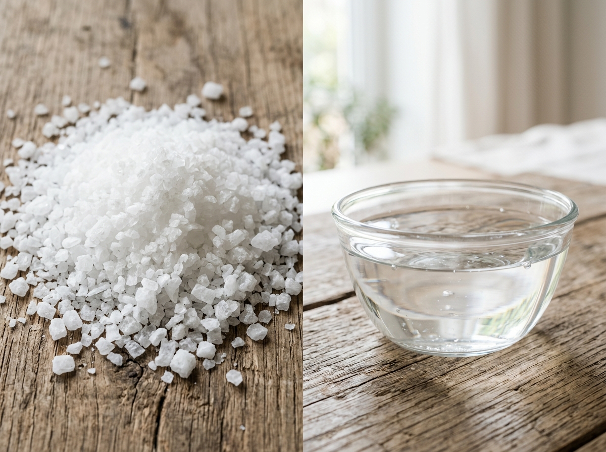 Split view of raw magnesium salt crystals and dissolved magnesium bath flakes