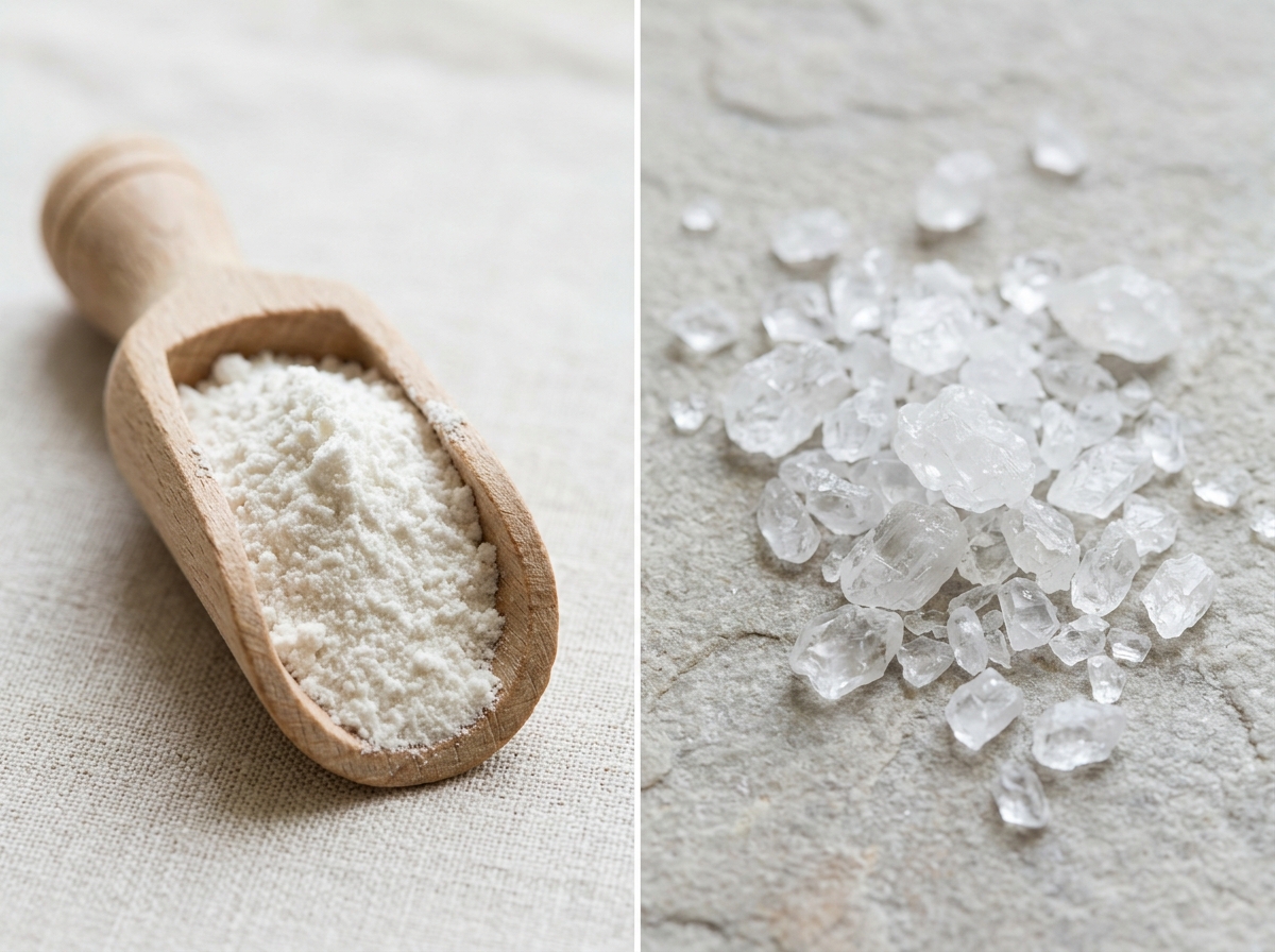 Split view of MSM sulfur powder in a wooden scoop and translucent MSM crystals