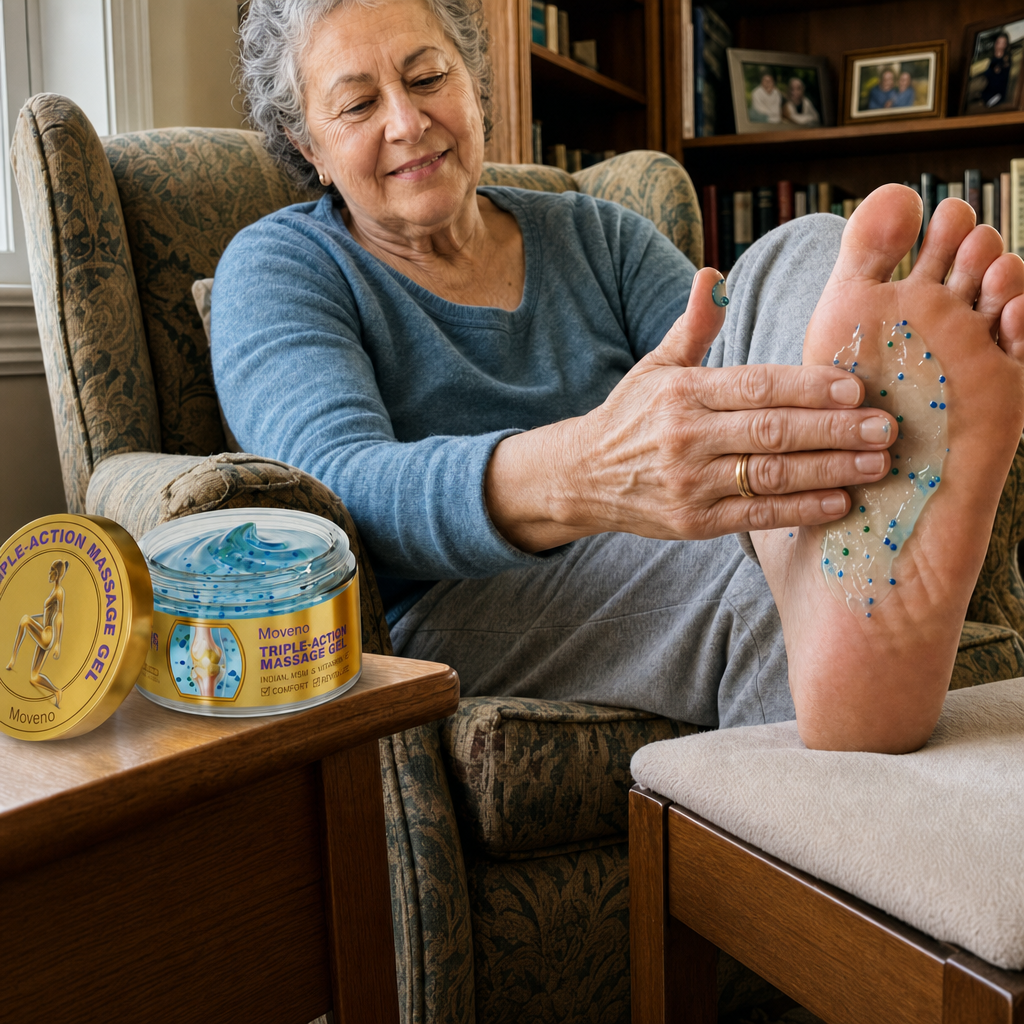 Older woman massaging Moveno gel into her foot at home, jar visible beside her