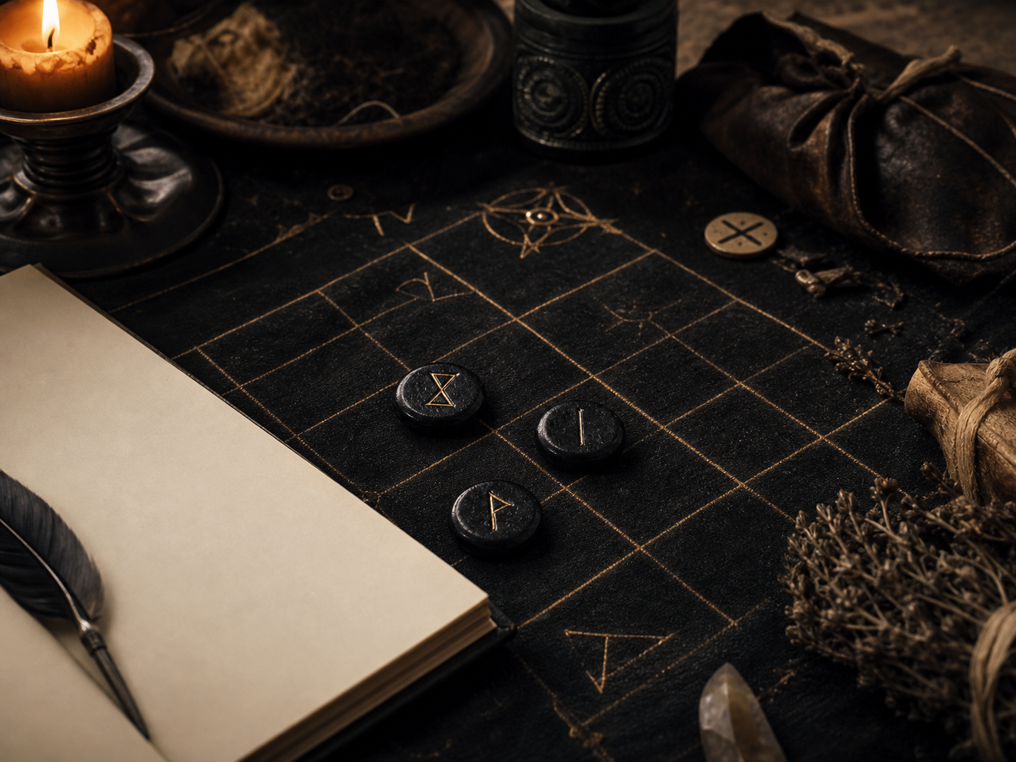 A dark cloth spread with Elder Futhark rune stones for casting