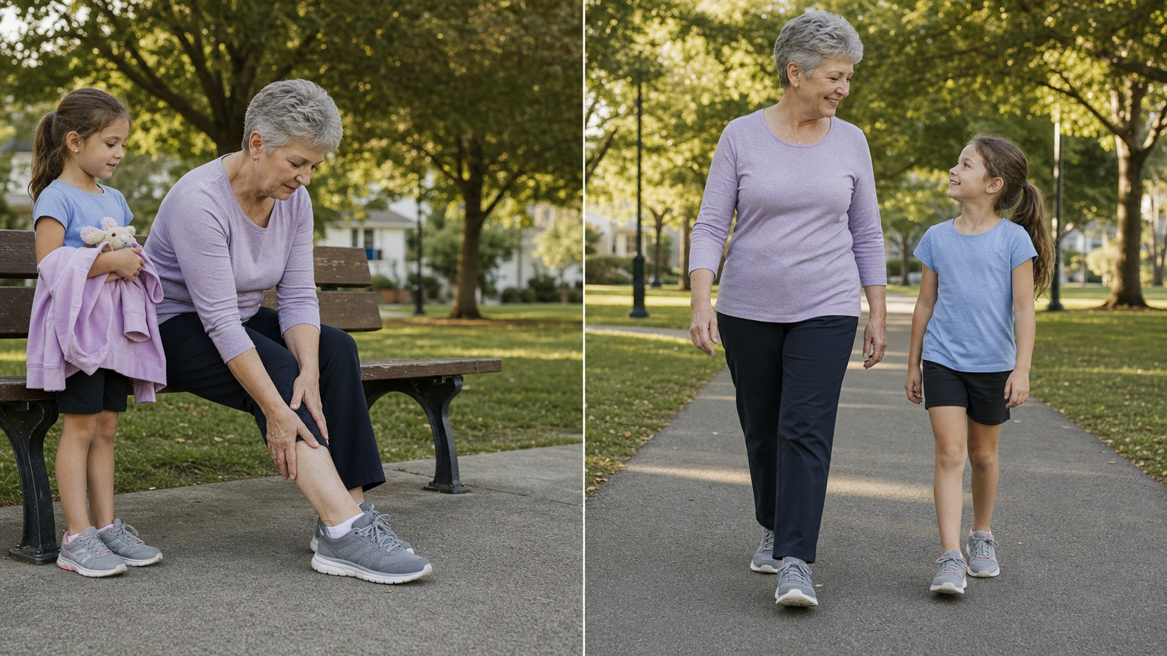 Grandmother pauses on a park bench with heavy-feeling legs, then walks gently with her grandchild.
