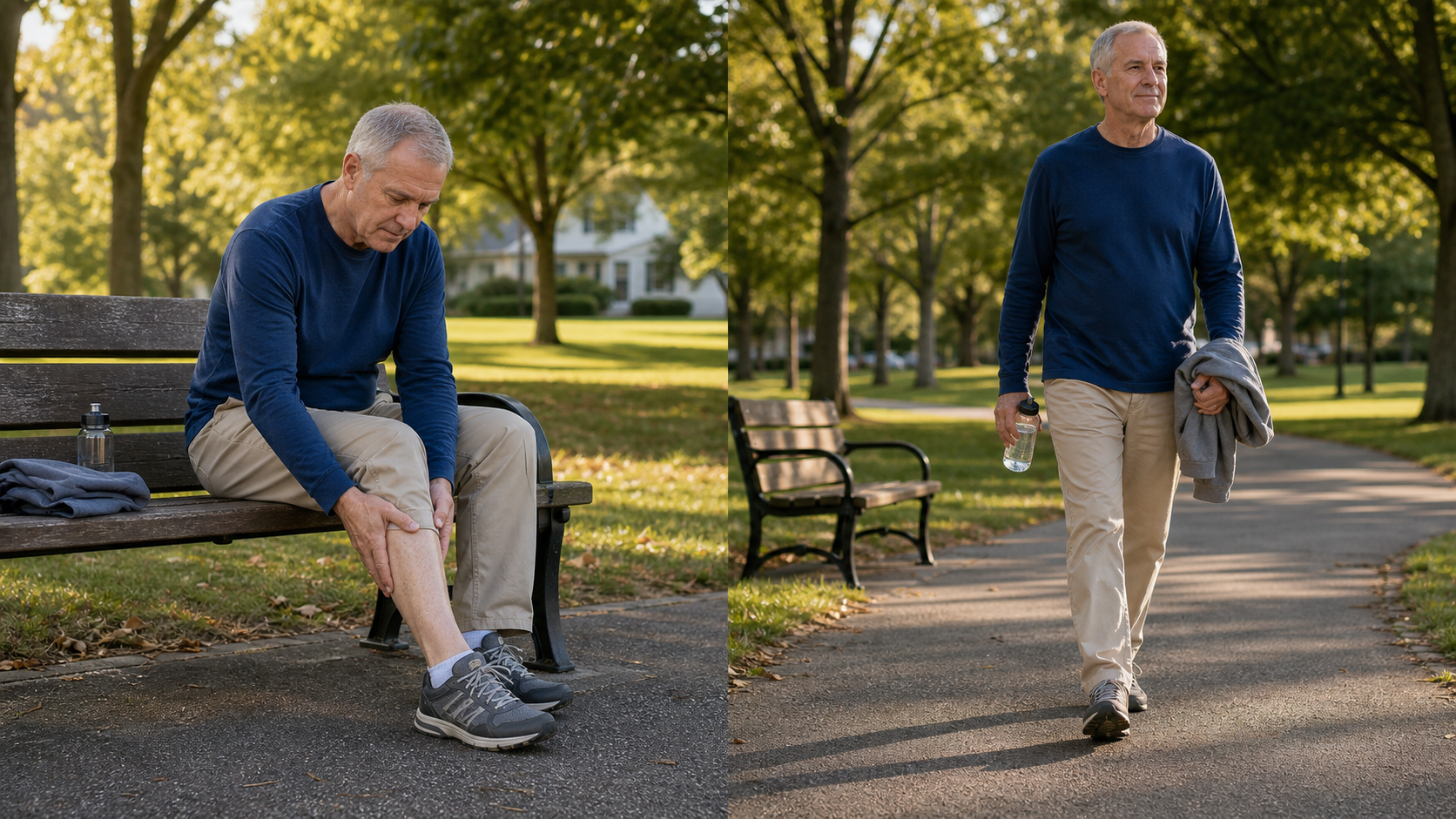Older man pauses on a park bench rubbing his lower leg, then walks on a park path.