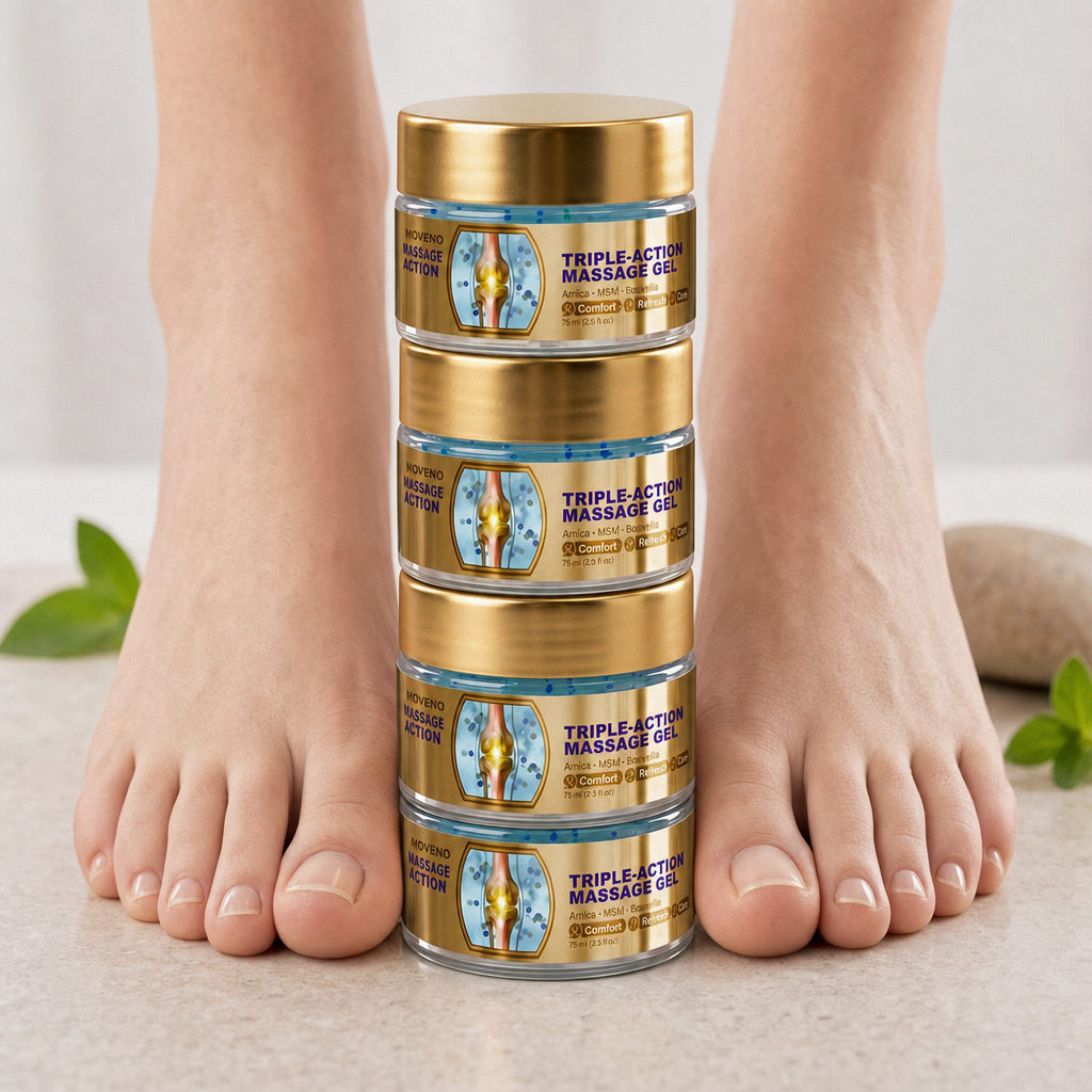 Moveno Triple-Action Massage Gel jar with gold lid and light blue label